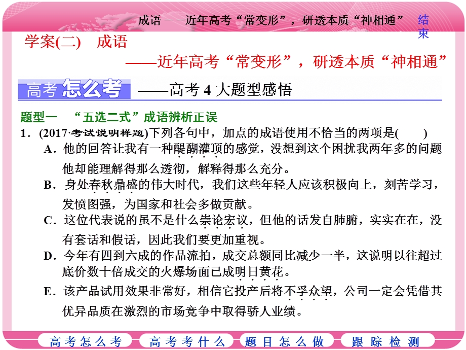 2018届高三语文高考总复习课件：专题一 正确使用词语（包含成语） 学案（二）　成语——近年高考“常变形”研透本质“神相通” .ppt_第1页