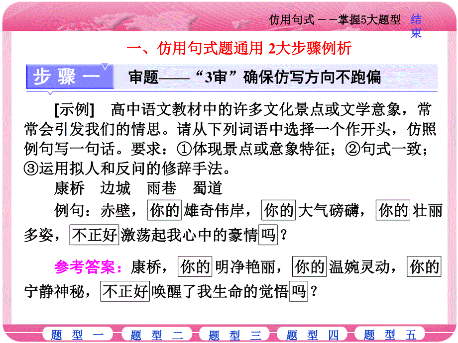 2018届高三语文高考总复习课件：专题六 近几年全国卷虽未考查但在考纲之列的6个考点 学案（四）　仿用句式——掌握5大题型 .ppt_第2页