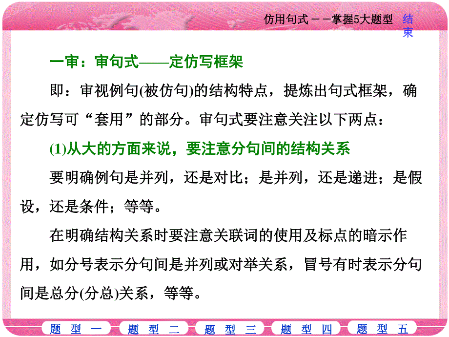 2018届高三语文高考总复习课件：专题六 近几年全国卷虽未考查但在考纲之列的6个考点 学案（四）　仿用句式——掌握5大题型 .ppt_第3页