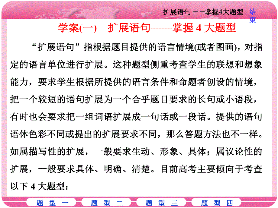 2018届高三语文高考总复习课件：专题六 近几年全国卷虽未考查但在考纲之列的6个考点 学案（一）　扩展语句——掌握4大题型 .ppt_第2页