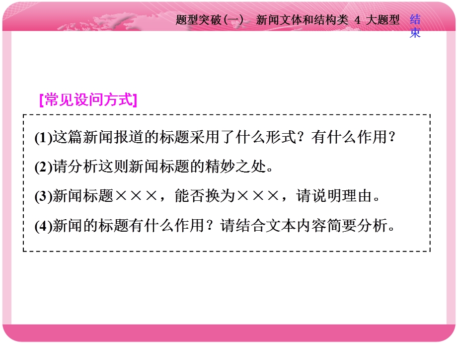 2018届高三语文高考总复习课件：专题十一 实用类文本阅读（一） 新闻 题型突破（一）　新闻文体和结构类 4 大题型 .ppt_第2页