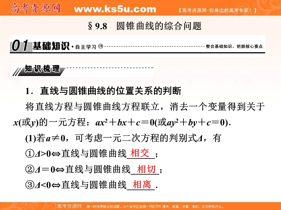 2018届高三高考数学复习课件：9-8-1直线与圆锥曲线 .ppt_第1页