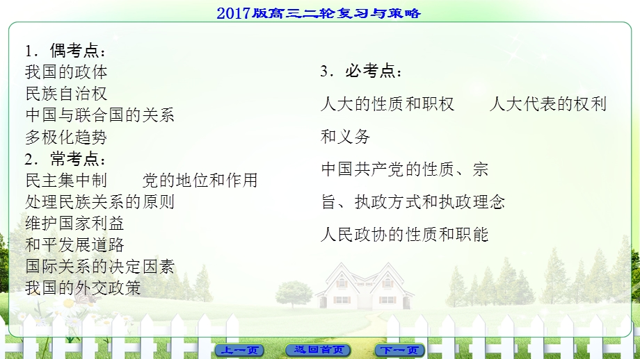 2017届高三政治（通用版）二轮复习课件：第1部分 专题6 政治制度与国际社会 .ppt_第3页