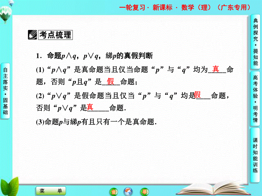 2013届高三数学（文）一轮复习课件：第一章 第三节 简单的逻辑联结词、全称量词与存在量词.ppt_第2页