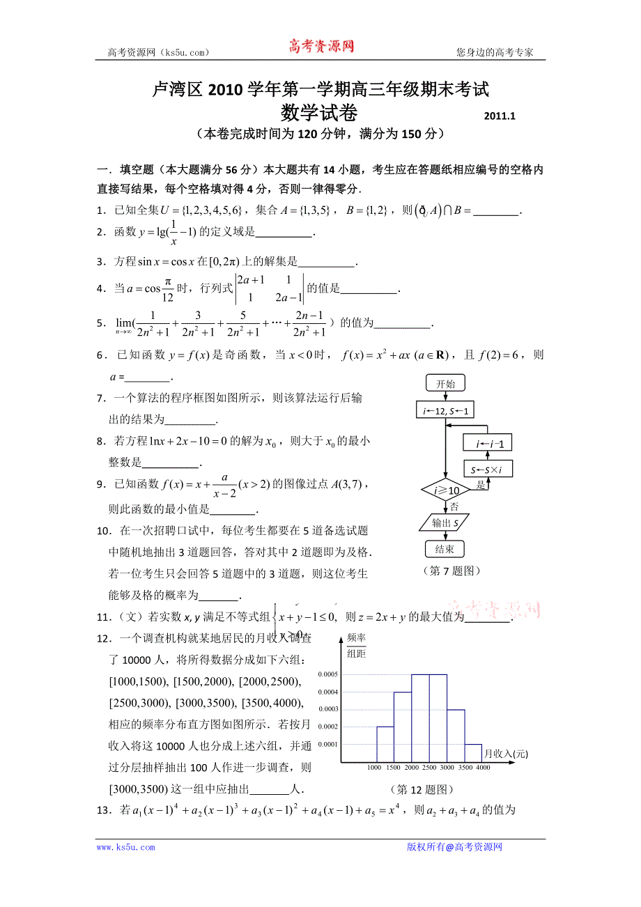 上海市卢湾区2011届高三上学期期末考试（数学文）.doc_第1页