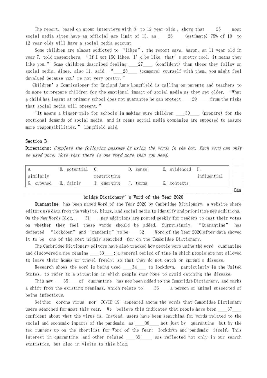 上海市奉贤区2021届高三英语上学期期末考试（一模）（12月）试题.doc_第3页