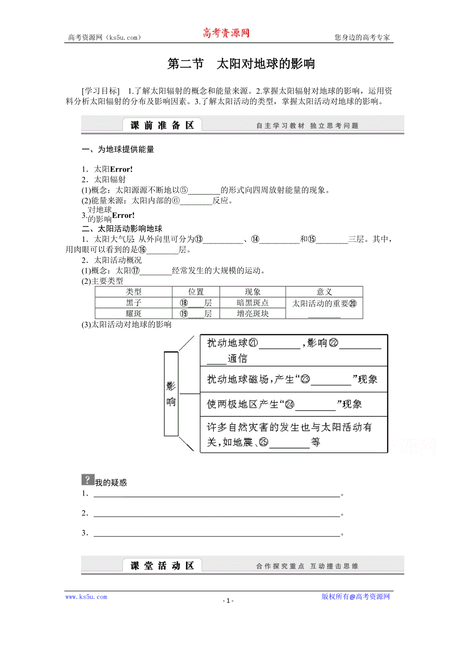 《课堂设计》高中地理人教版必修1学案 第一章 行星地球 2 太阳对地球的影响.doc_第1页