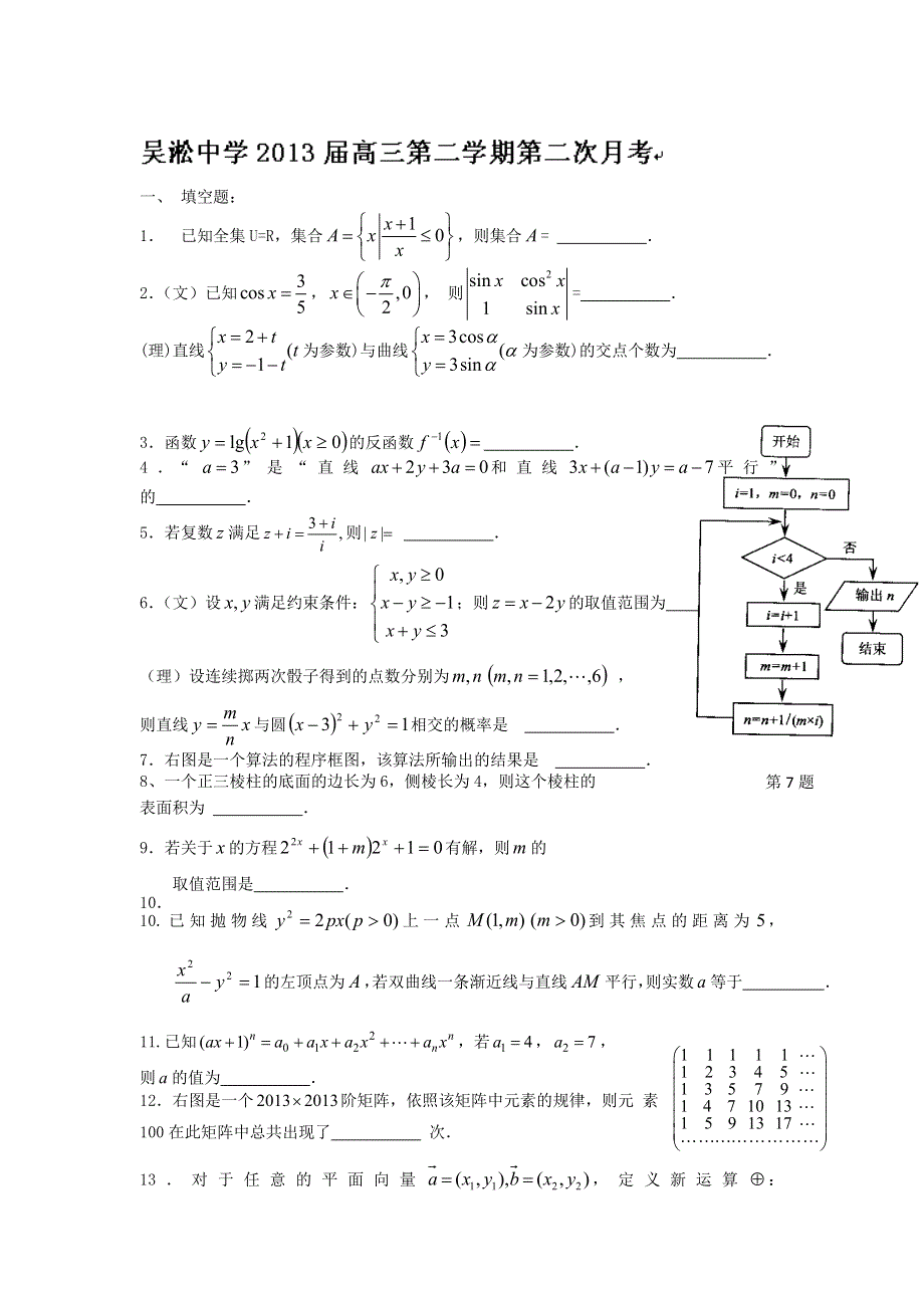 上海市宝山区吴淞中学2013届高三下学期第二次月考数学试题 WORD版含答案.doc_第1页