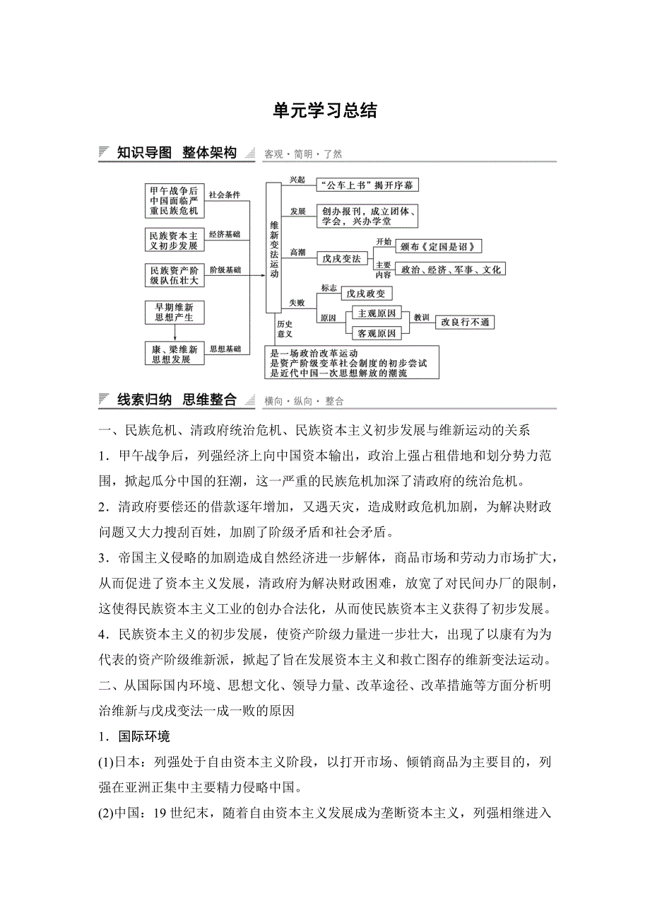 2015-2016学年高二历史人教版选修一课时作业与单元检测：第九单元 戊戌变法 单元学习总结 WORD版含解析.docx_第1页