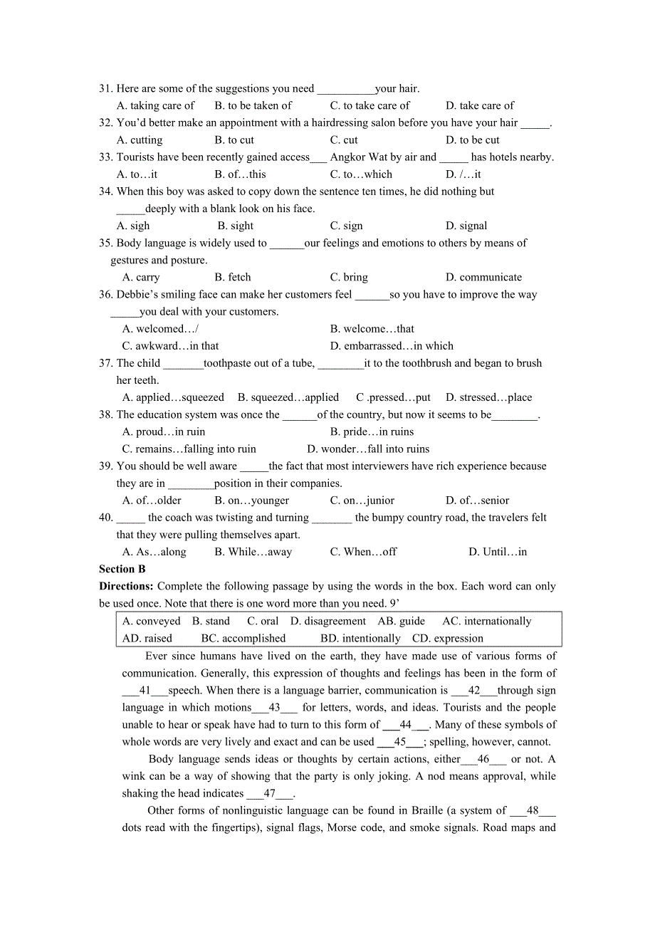 上海市实验学校2013-2014学年高一上学期期中考试英语试题 WORD版含答案.doc_第3页