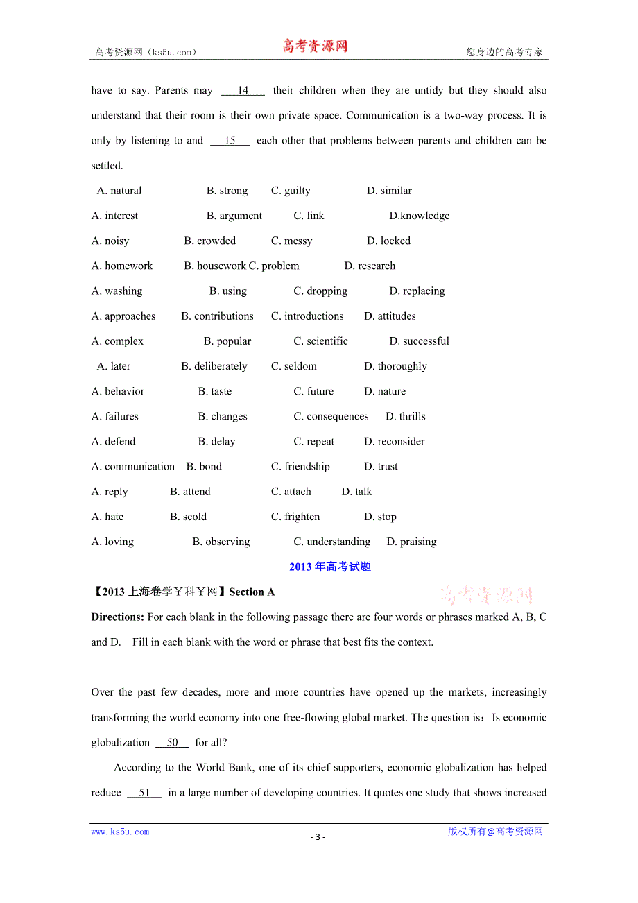 五年高考（2011-2015）英语试题分项精析版 专题19 完形填空之议论文类（原卷版） WORD版缺答案.doc_第3页