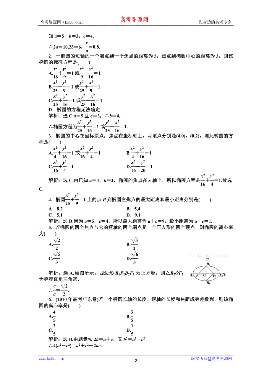 11-12学年高二数学：2.2.2 椭圆的简单几何性质 第一课时优化训练（人教A版选修2-1）.doc_第2页