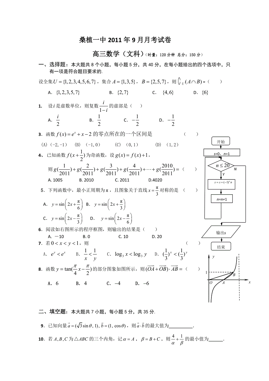 湖南省桑植一中2012届高三第一次月考文科数学试卷（无答案）.doc_第1页