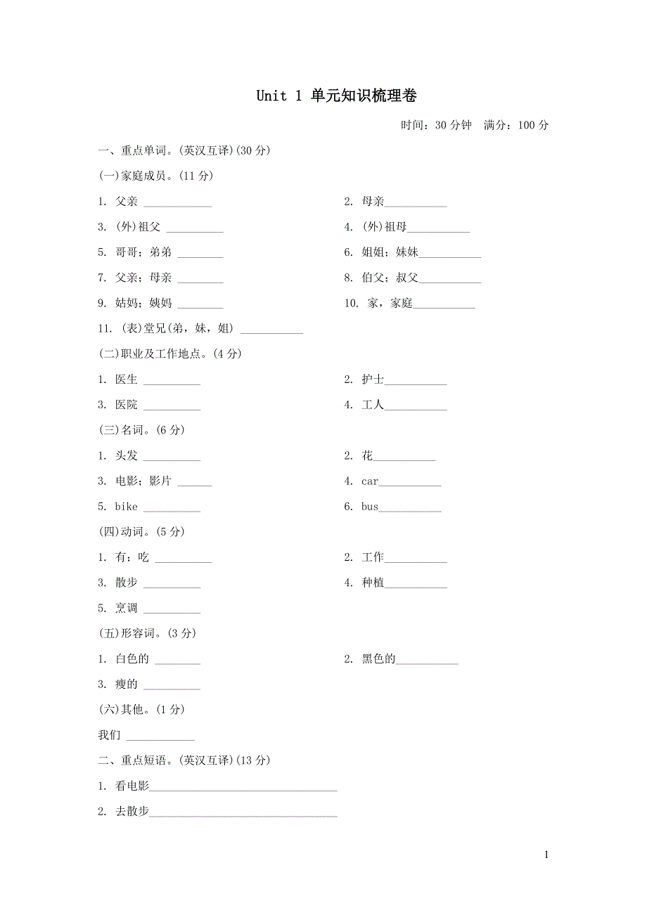 五年级英语上册Unit 1 My family单元知识梳理卷（冀教版三起）.doc_第1页