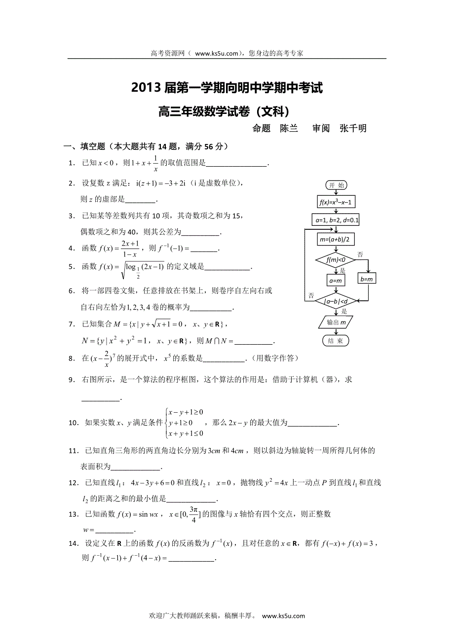 上海市向明中学2013届高三上学期期中考试数学（文）试题 WORD版含答案.doc_第1页