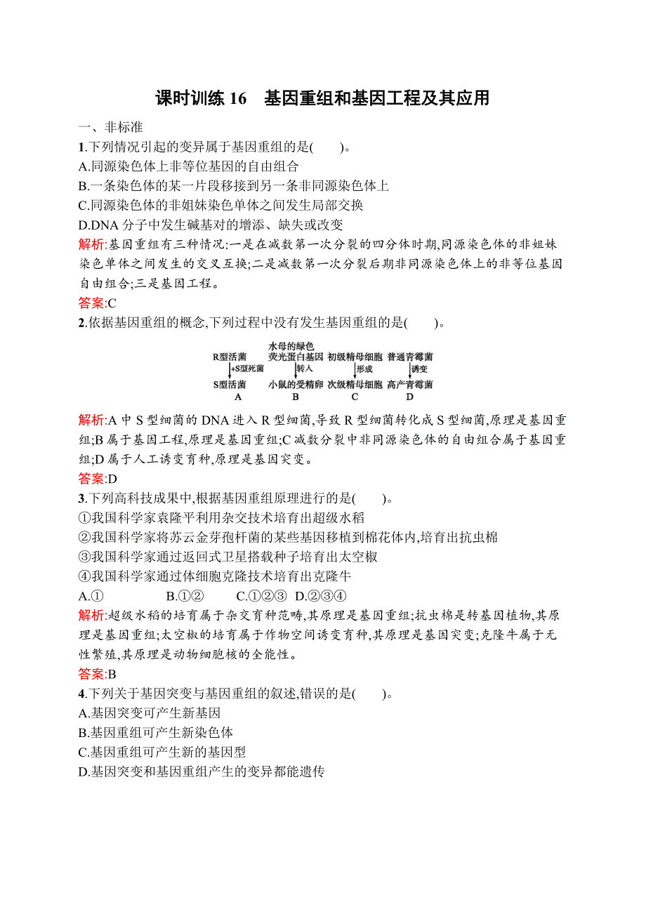 2015-2016学年高一生物苏教版必修2课时训练：16 基因重组和基因工程及其应用 WORD版含解析.docx_第1页