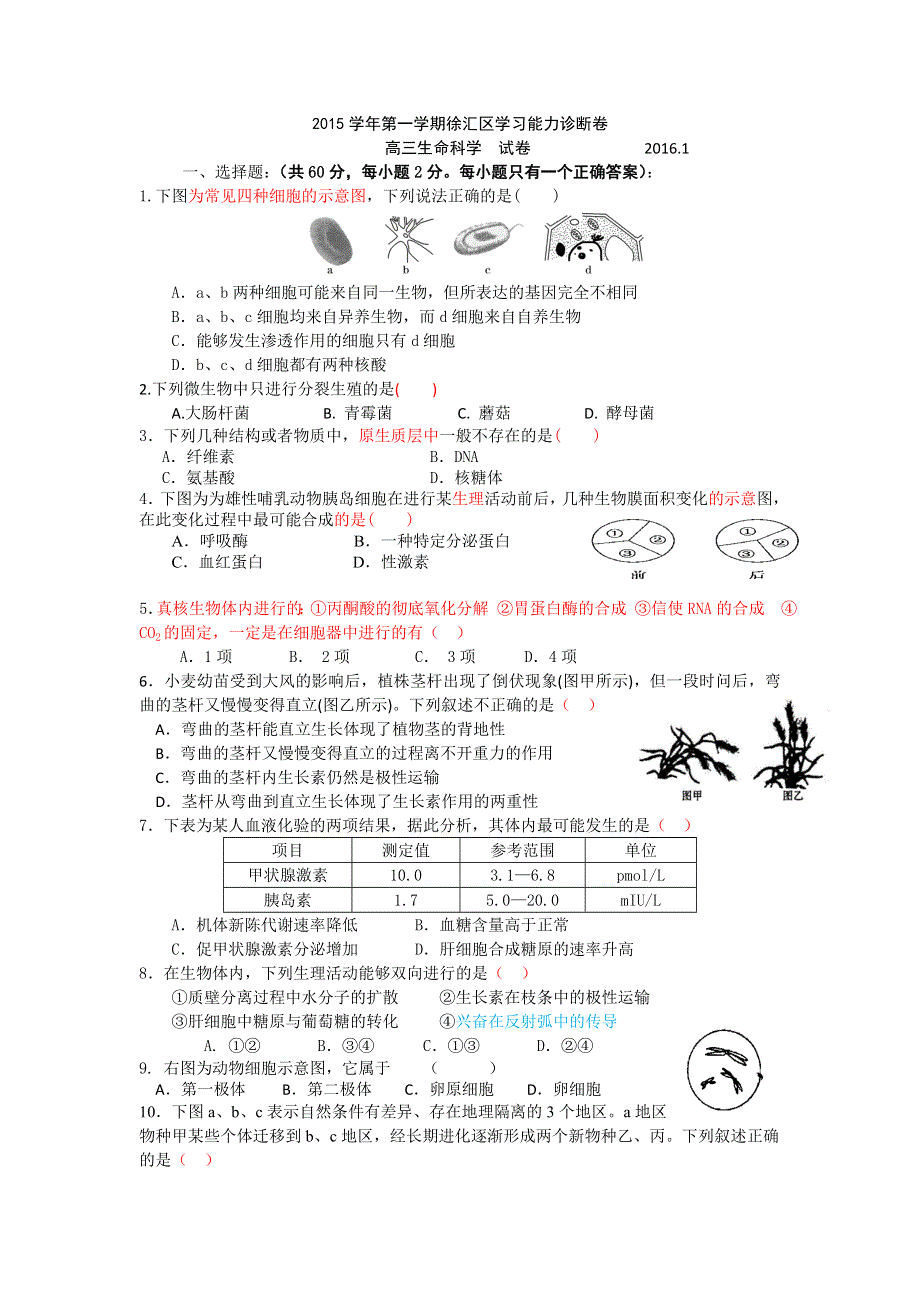 上海市徐汇区2016届高三上学期学习能力诊断生物试卷 WORD版含答案.doc_第1页