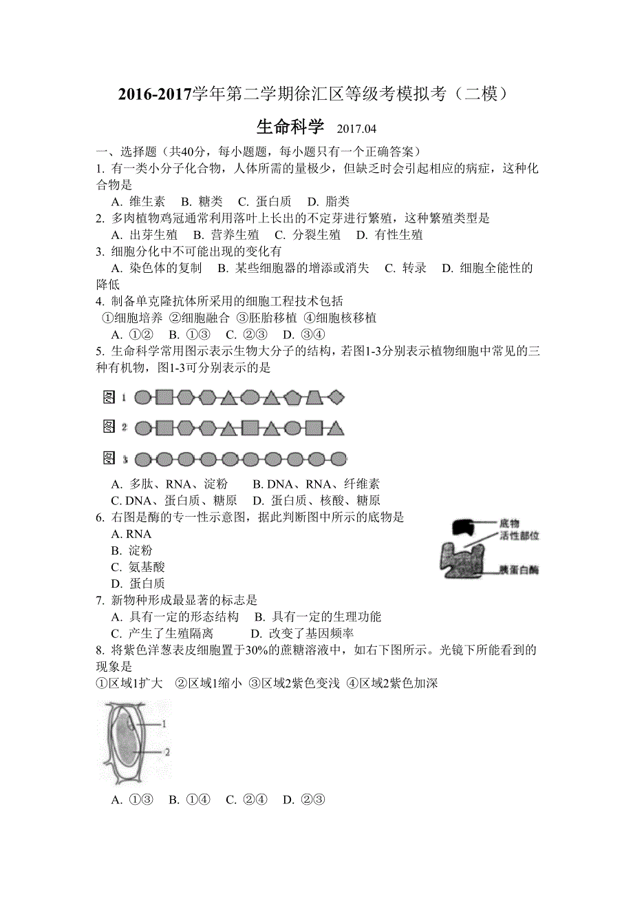 上海市徐汇区2017届高三4月模拟（二模）生物试题 WORD版含答案.doc_第1页