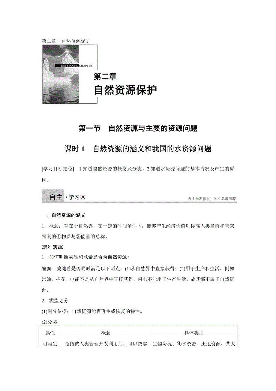 2015-2016学年高二地理湘教版选修6学案：第二章 第一节 课时1 自然资源的涵义和我国的水资源问题 WORD版含答案.docx_第1页