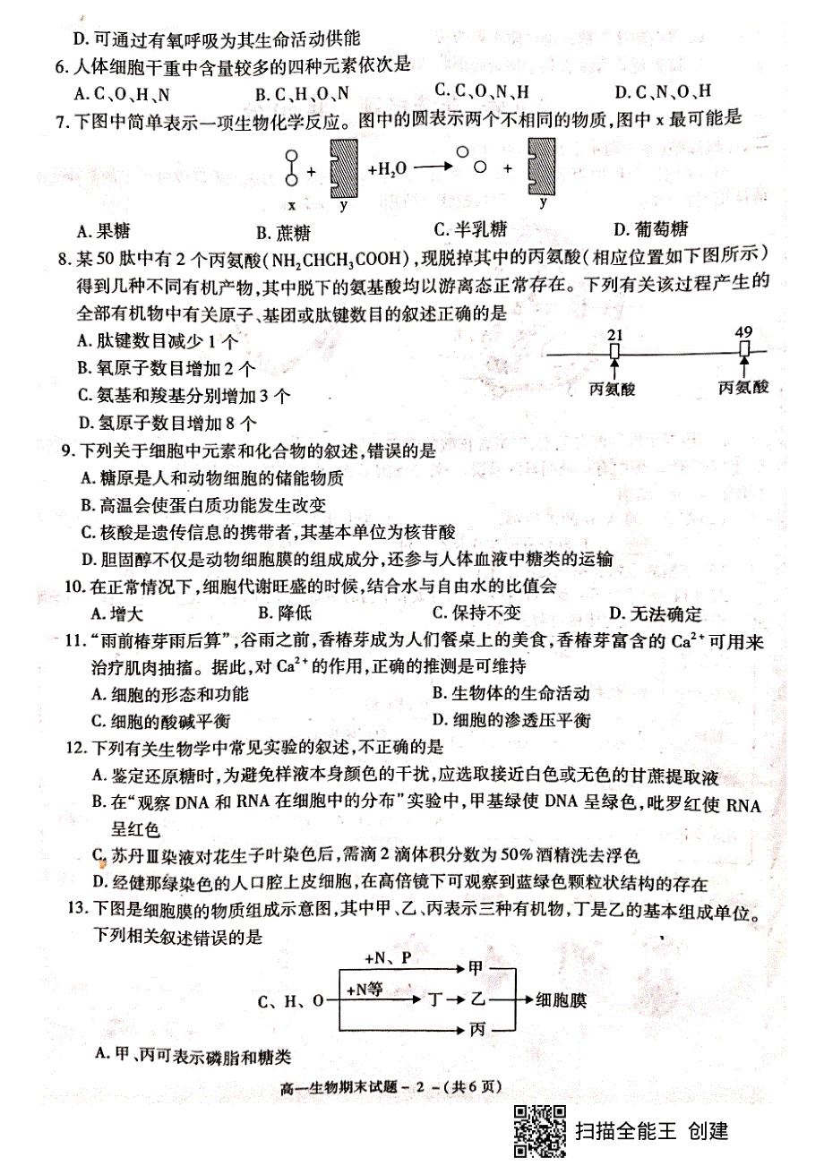 陕西省咸阳市2020-2021学年高一上学期期末教学质量检测生物试题 扫描版含答案.pdf_第2页