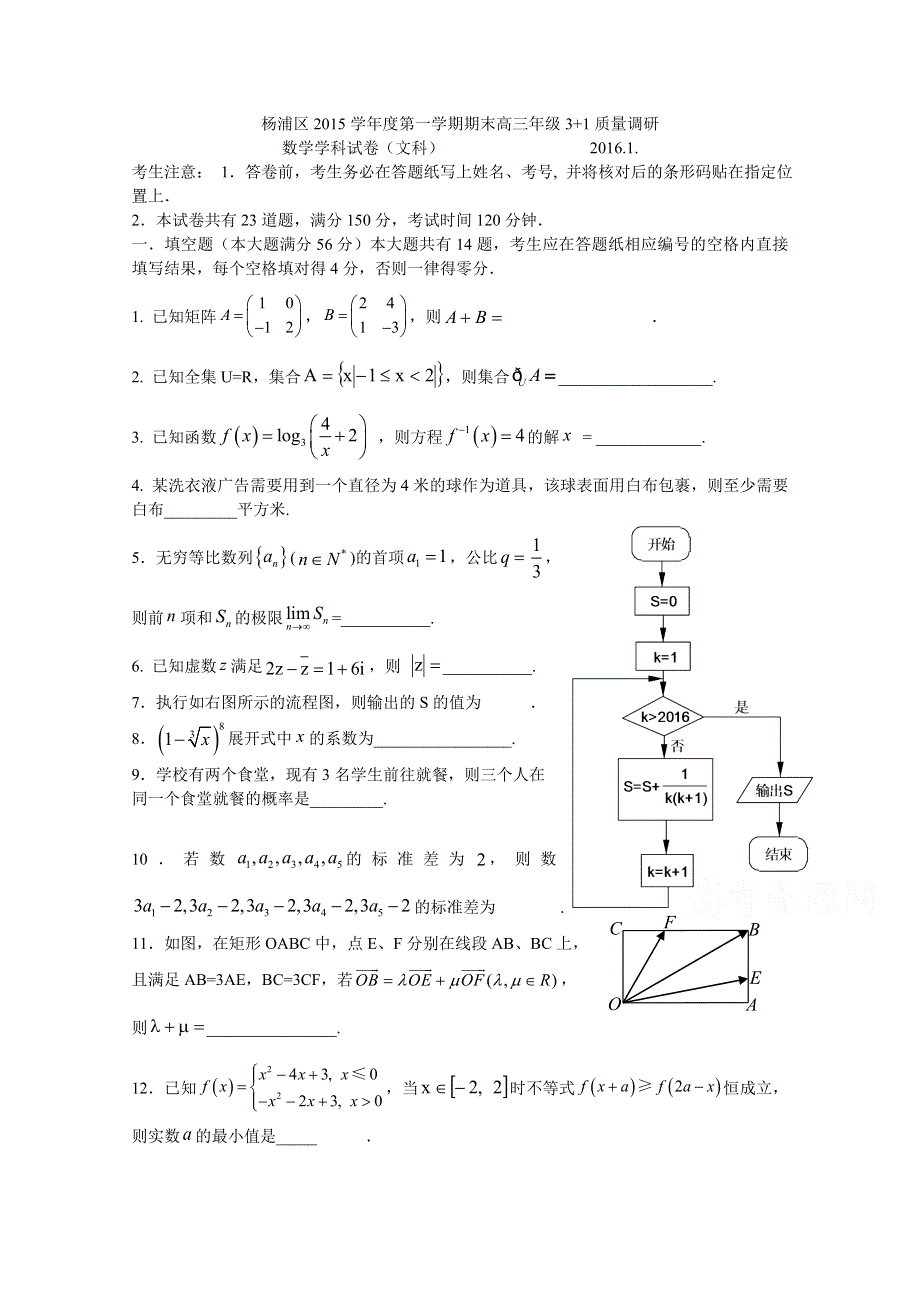 上海市杨浦区2016届高三上学期期末“3+1”质量调研数学文试题 WORD版含答案.doc_第1页