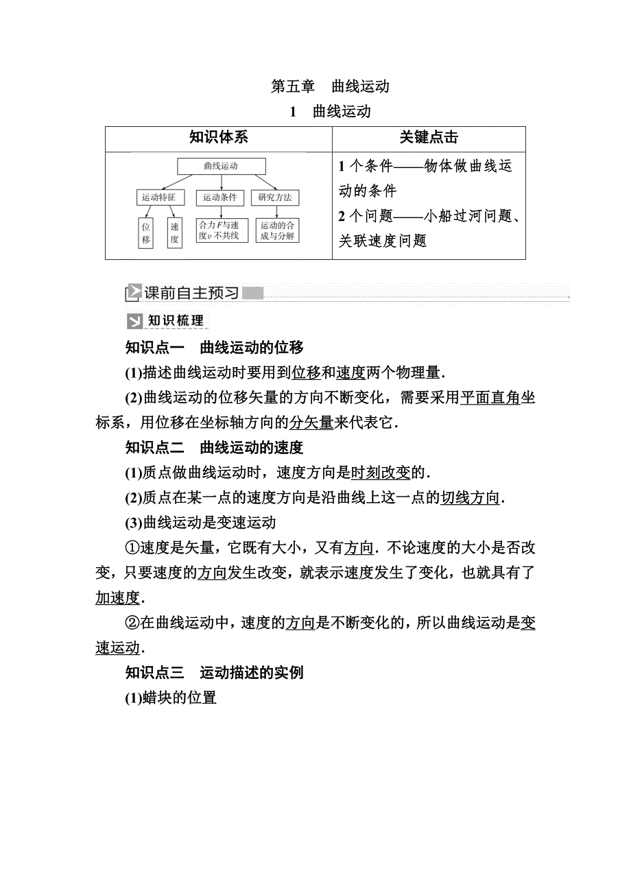 2019-2020学年度人教新课标版高中物理必修二教师用书：5-1　曲线运动 WORD版含答案.docx_第1页