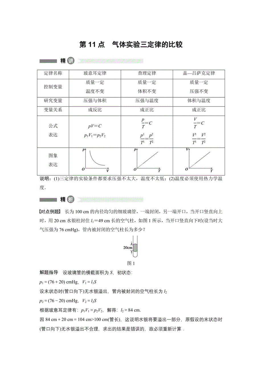 2015-2016学年高二物理人教版选修3-3模块要点回眸：第11点 气体实验三定律的比较 .docx_第1页