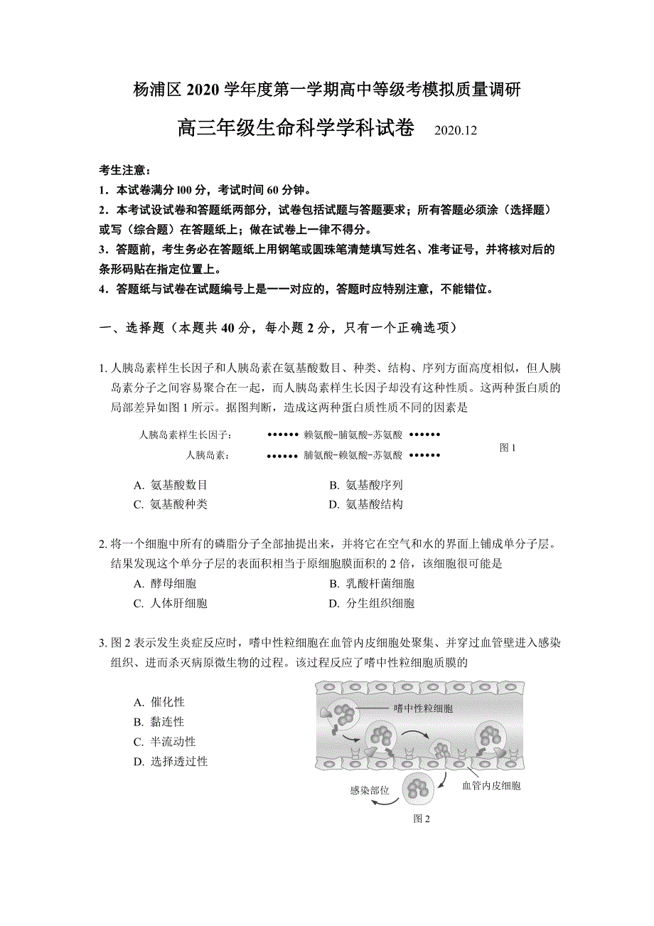 上海市杨浦区2021届高三上学期期末教学质量检测（一模）（12月）生物试题 WORD版含答案.doc_第1页