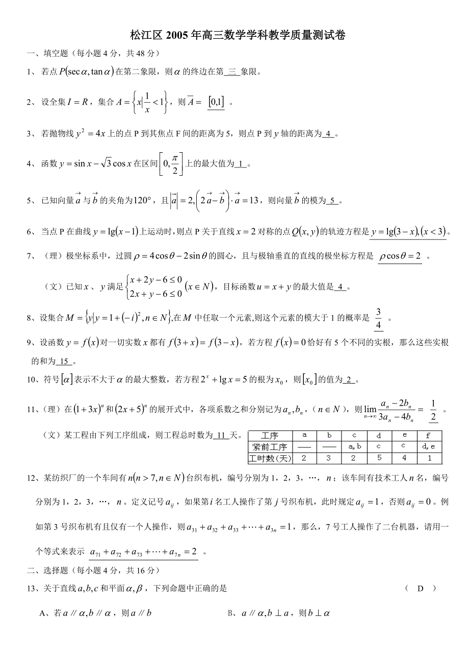 上海市松江区2005年高三数学教学质量测试卷（解答）.doc_第1页