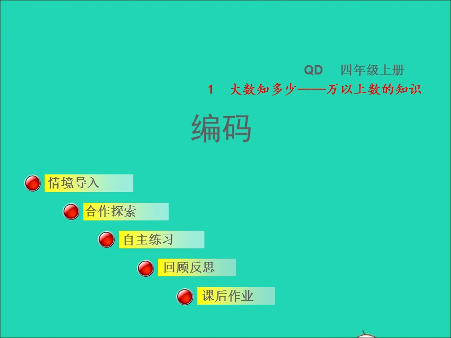 2021四年级数学上册 第1单元 大数知多少——万以上数的认识第8课时 编码授课课件 青岛版六三制.ppt_第1页