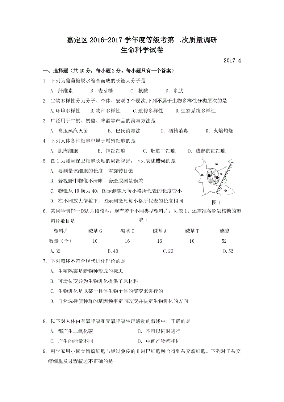 上海市嘉定区2017届高三第二次（4月）质量调研生物试卷 WORD版含答案.doc_第1页