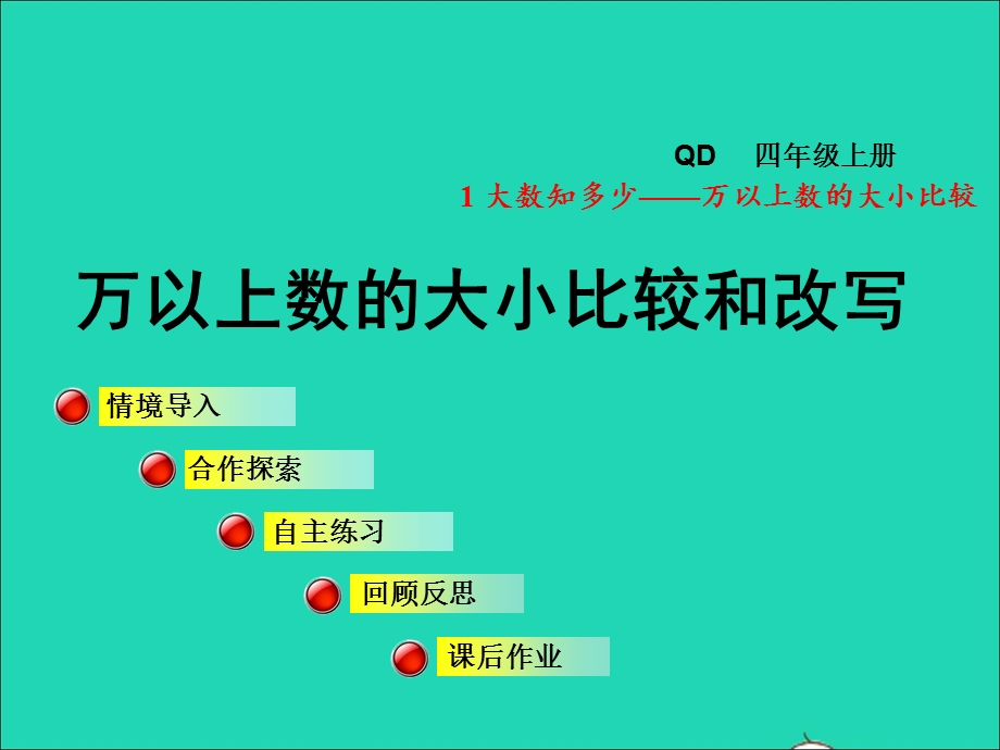 2021四年级数学上册 第1单元 大数知多少——万以上数的认识第5-6课时（万以上数的大小比较和改写）授课课件 青岛版六三制.ppt_第1页