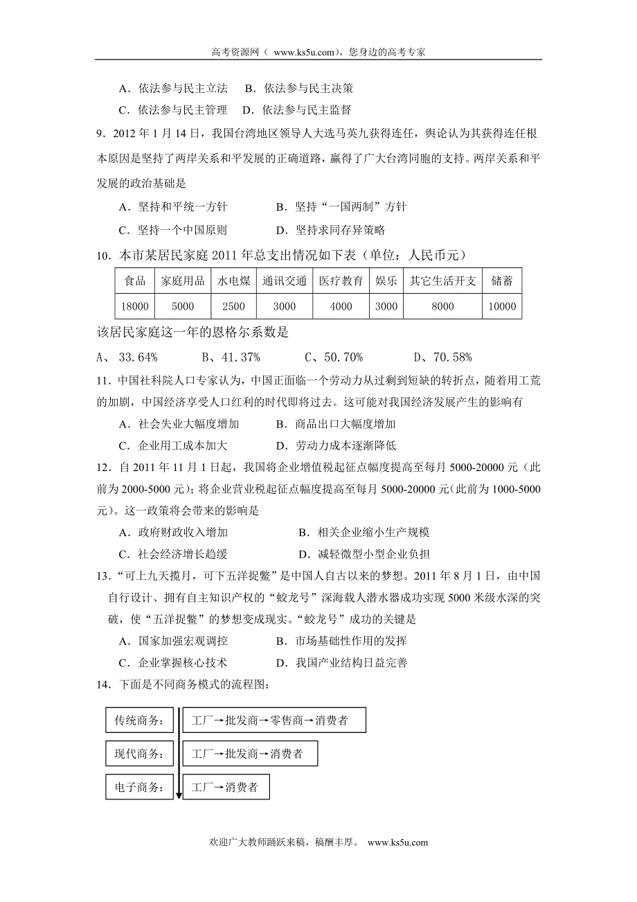 上海市嘉定区、黄浦区2012届高三第二次模拟考试 政治试题（2012嘉定黄浦二模）.doc_第2页