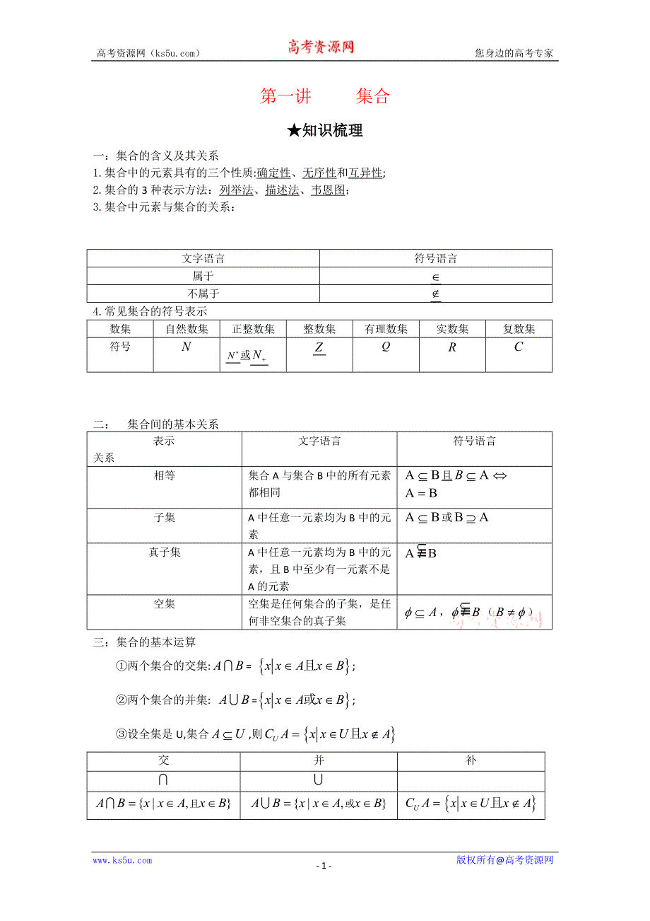 [原创]2012年高三数学一轮复习资料第一章 集合与函数概念第一讲 集合.doc_第1页