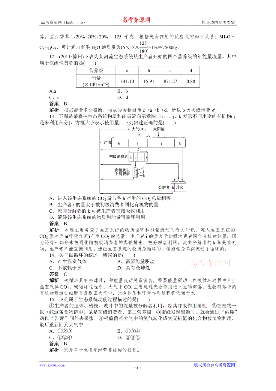 [原创]2012新课标高考总复习课堂强化训练：必修三5.2 生态系统的能量流动和物质循环（人教版）.doc_第3页