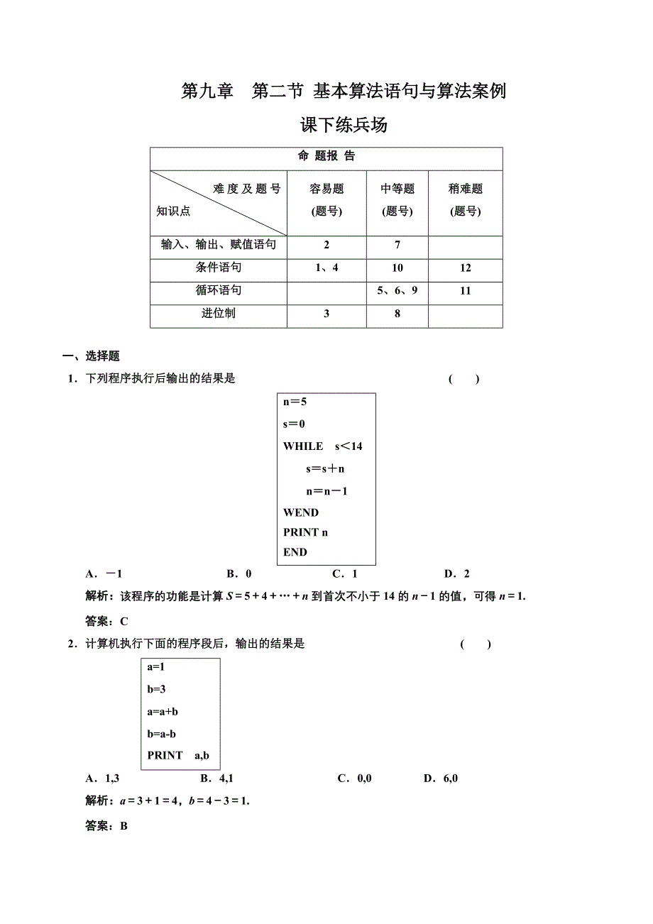 [原创]2012高考数学分时段练习：9.02 基本算法语句与算法案例.doc_第1页