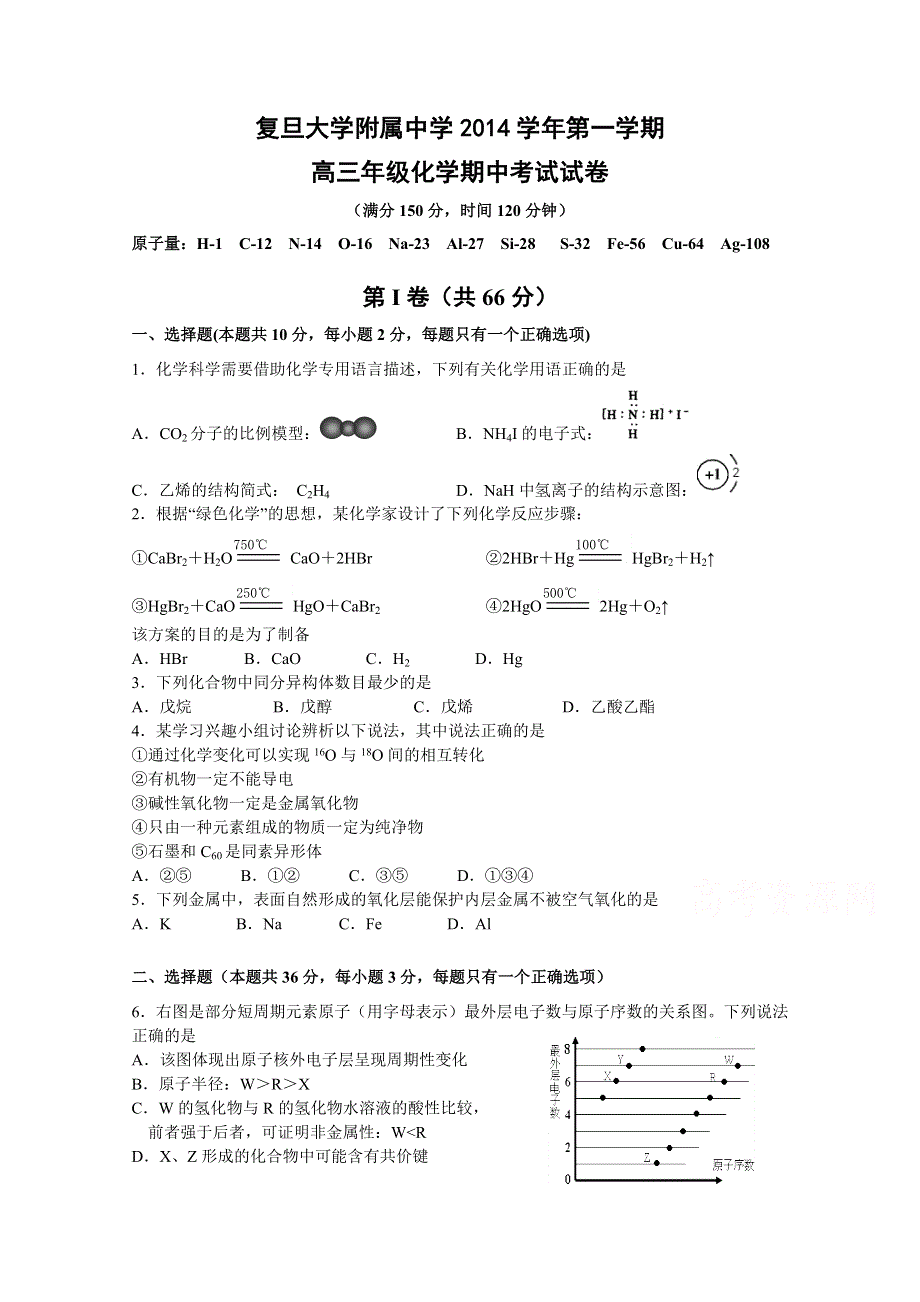 上海市复旦附中2015届高三上学期期中考试化学试题 WORD版无答案.doc_第1页