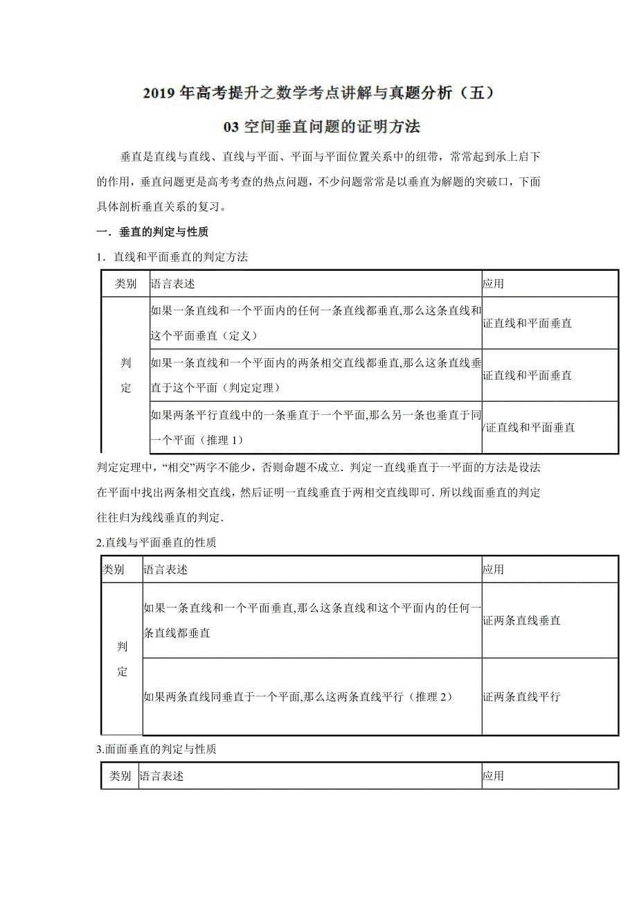 专题03 空间垂直问题的证明方法-2019年高考提升之数学考点讲解与真题分析（五） WORD版含解析.doc_第1页