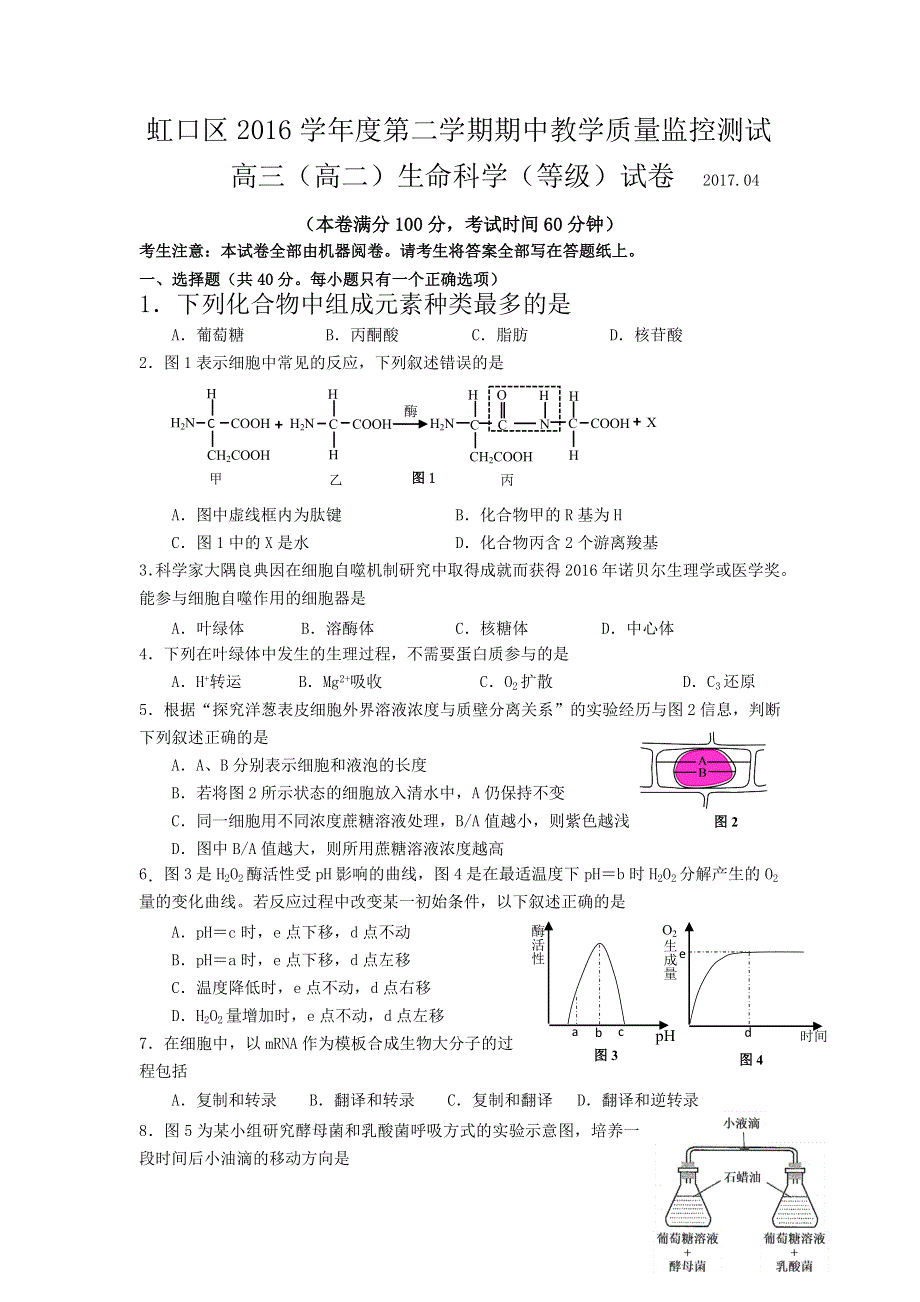 上海市虹口区2017届高三4月期中教学质量监控（二模）生命科学试题 WORD版含答案.doc_第1页