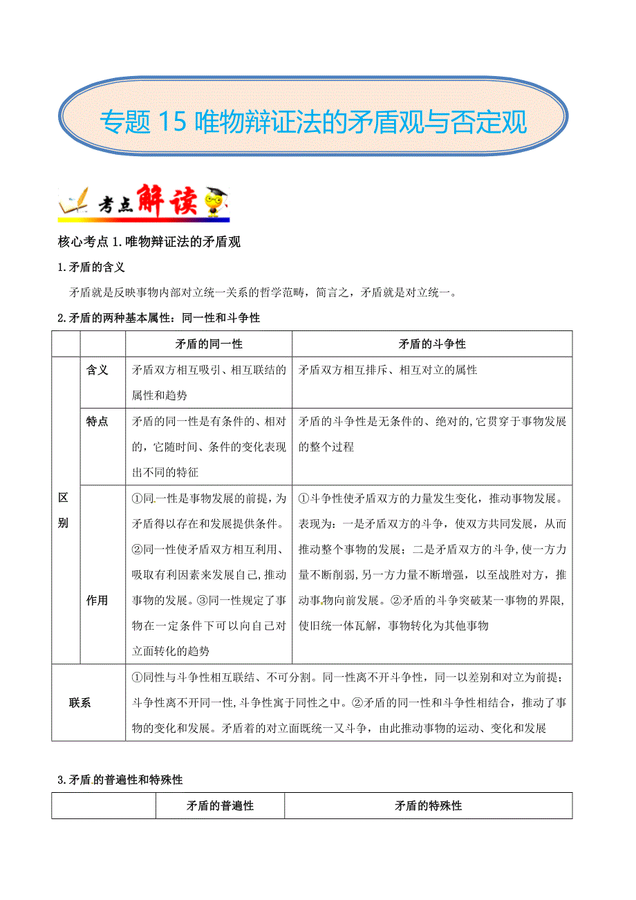 专题15 唯物辩证法的矛盾观与否定观-备战2019年高考政治二轮复习核心专题集锦 WORD版含解析.doc_第1页