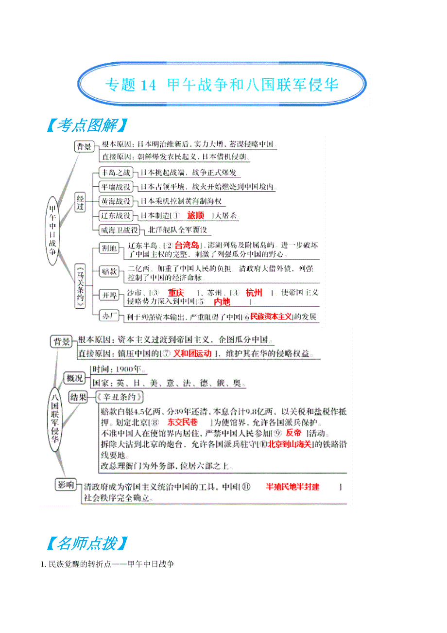 专题14 甲午战争和八国联军侵华-2019年高考历史之政治史考点精练（历年真题 模拟） WORD版含解析.doc_第1页