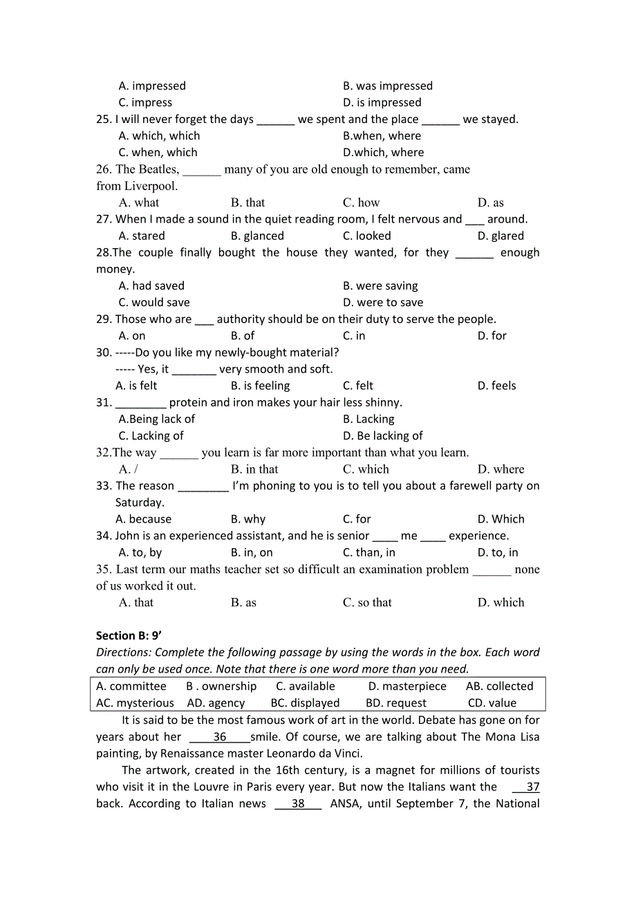 上海市金山中学2014-2015学年高一上学期9月学科水平检查考试英语试题WORD版含答案.doc_第3页