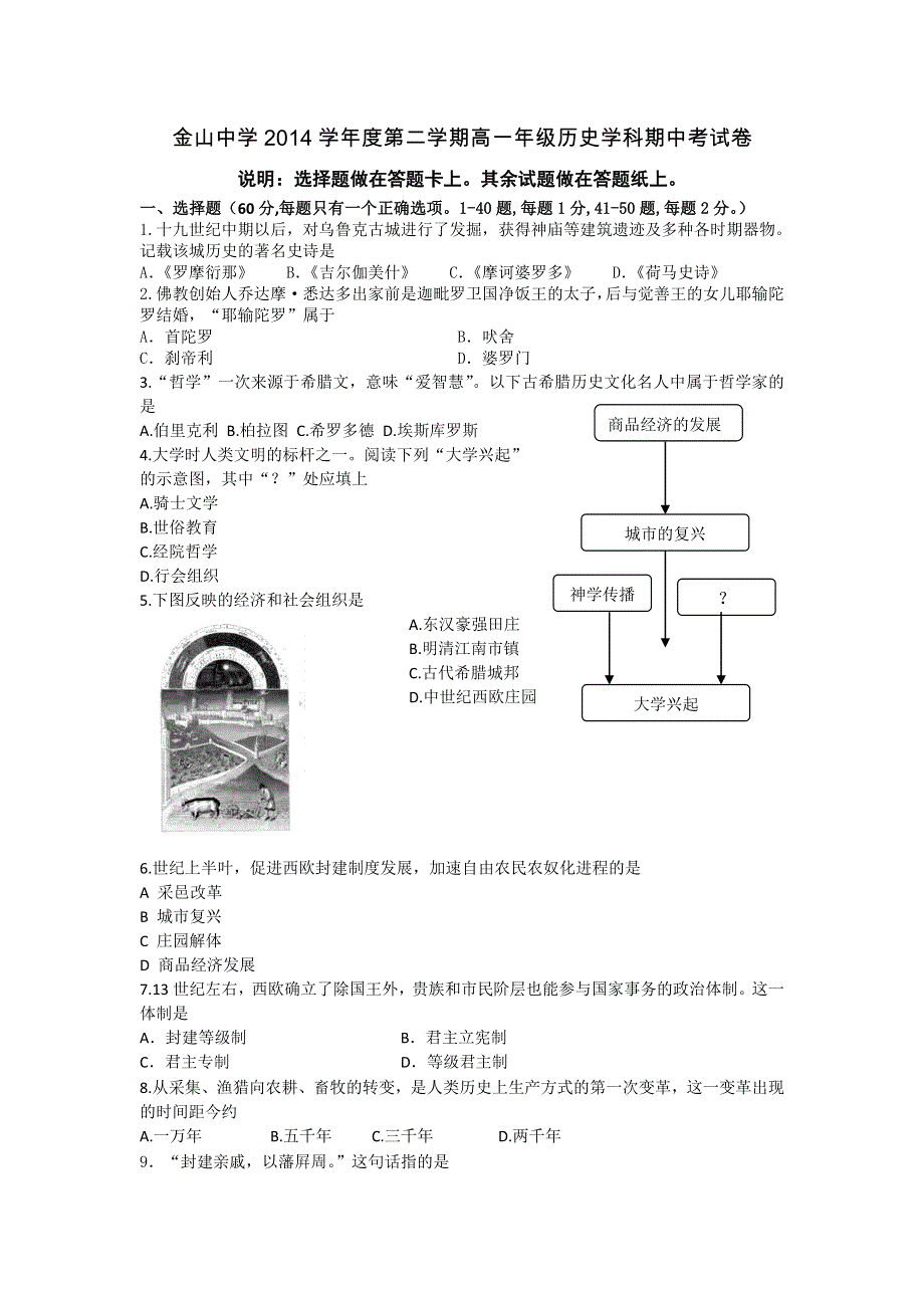 上海市金山中学2014-2015学年高一下学期期末考试历史试题 WORD版含答案.doc_第1页