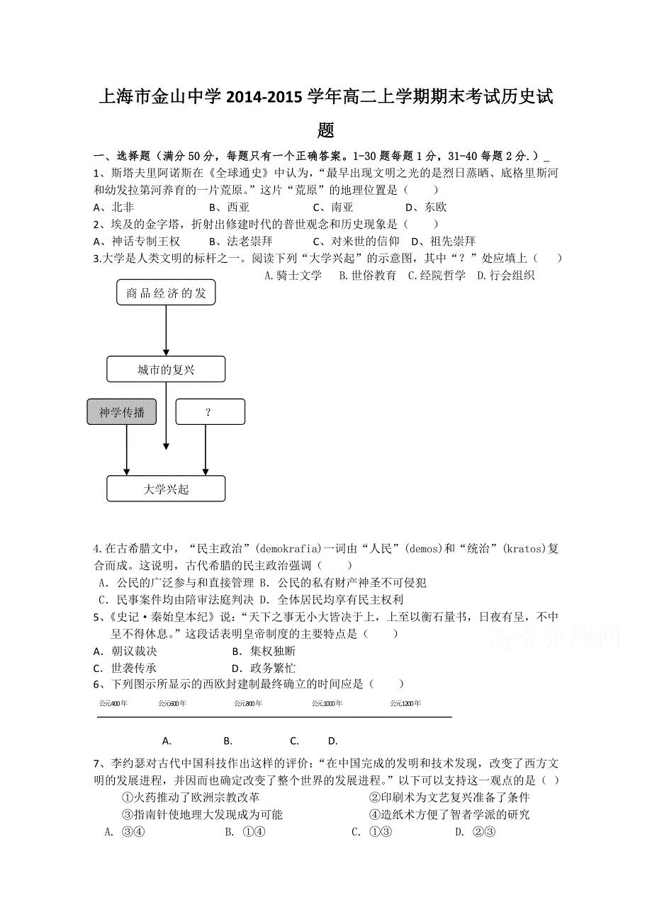 上海市金山中学2014-2015学年高二上学期期末考试历史试题 WORD版含答案.doc_第1页