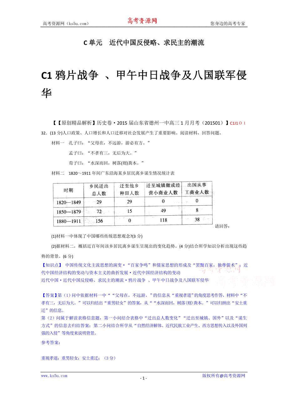 2015备考-（历史）解析分类汇编 C单元近代中国反侵略、求民主的潮流（二） .docx_第1页