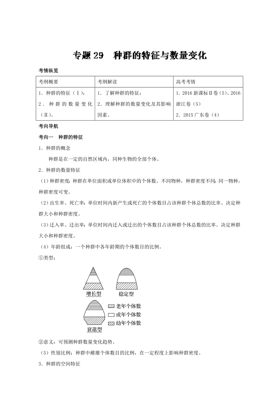 专题29 种群的特征与数量变化（讲）通用版-2017年高考生物一轮复习讲练测（原卷版）WORD版无答案.doc_第1页