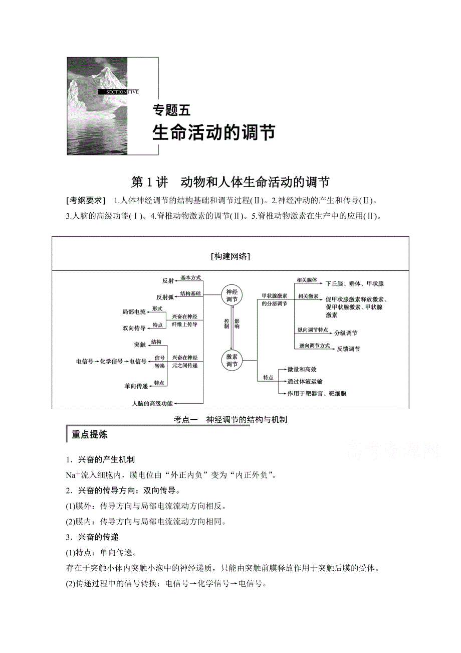 2015届人教版生物高考二轮复习专题五 第1讲 动物和人体生命活动的调节（精品解析） .docx_第1页