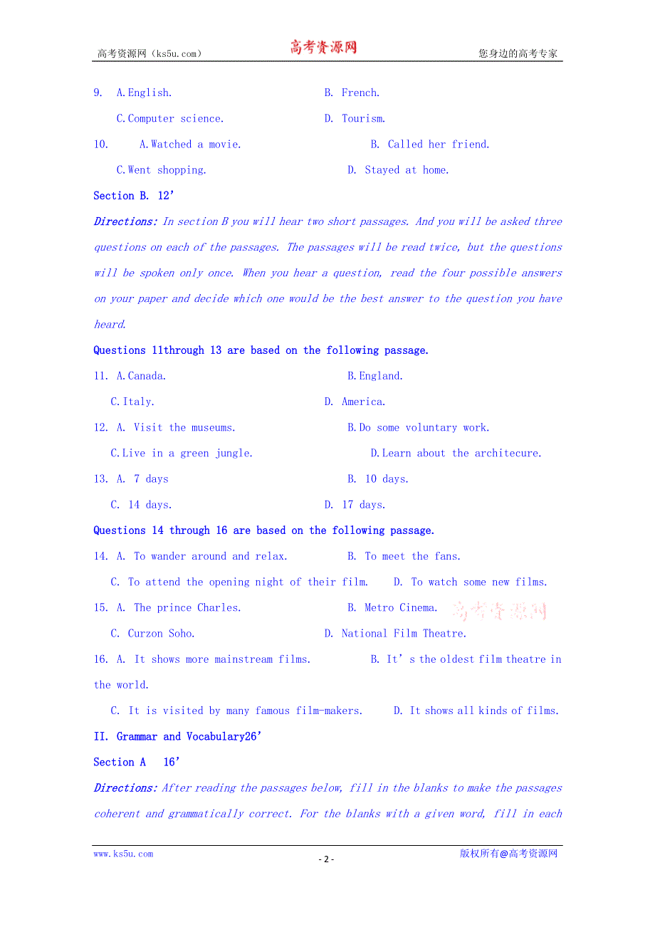 上海市金山中学2017届高三上学期期中考试英语试题 WORD版含答案.doc_第2页