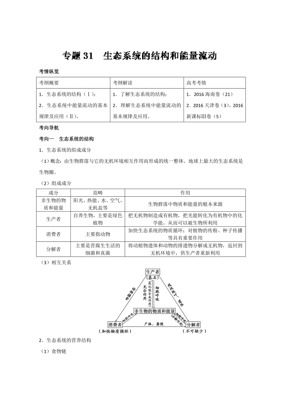 专题31 生态系统的结构和能量流动（讲）通用版-2017年高考生物一轮复习讲练测（解析版）WORD版含解析.doc_第1页