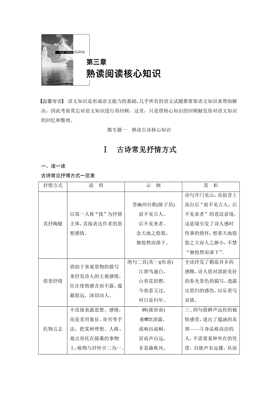 2015届高考语文（湖南专用）大二轮复习微专题回扣与规范：第三章 微专题一 熟读古诗核心知识 WORD版含解析.docx_第1页